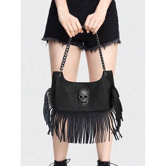 Handbags - SKULL FRINGE HOBO BAG SHOULDER HANDBAG